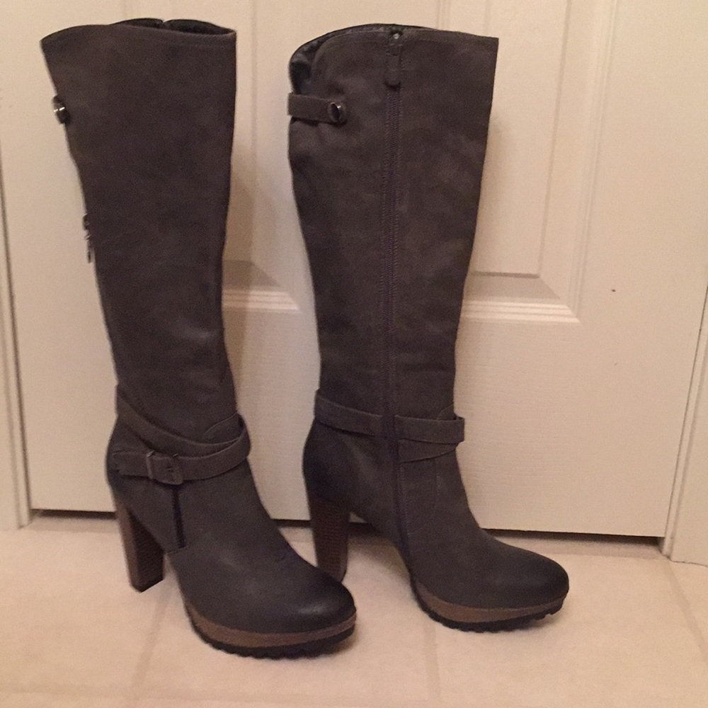 Grey knee high boots